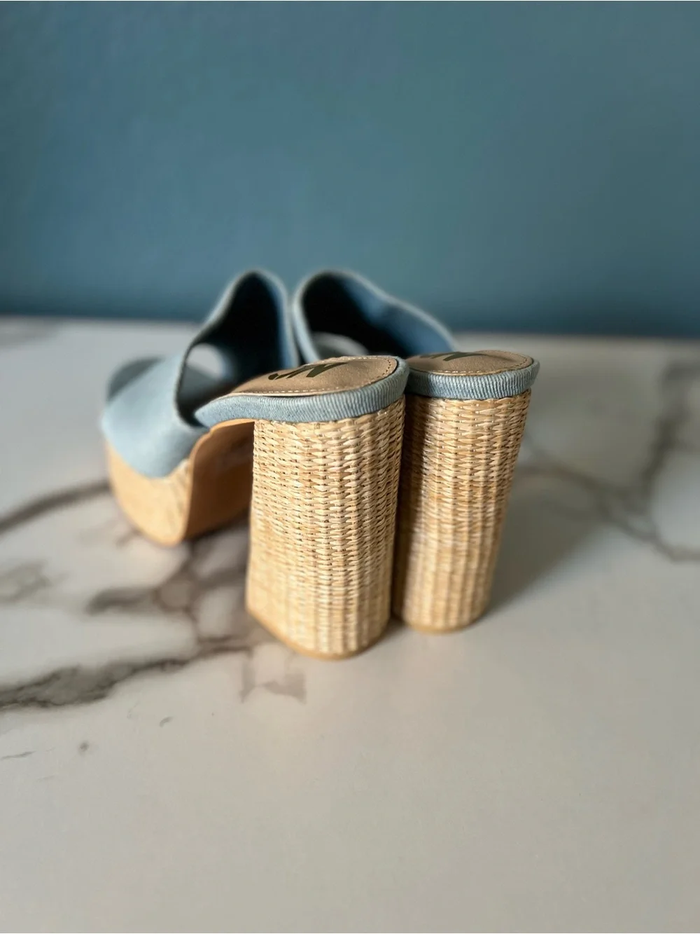 Light Blue Denim Woven Platform Mule Heels - Women's Chunky Slide block Sandals